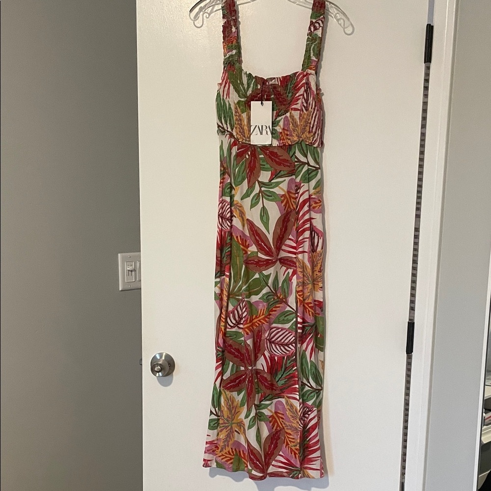 Zara Red and Green Leaf Print Dress